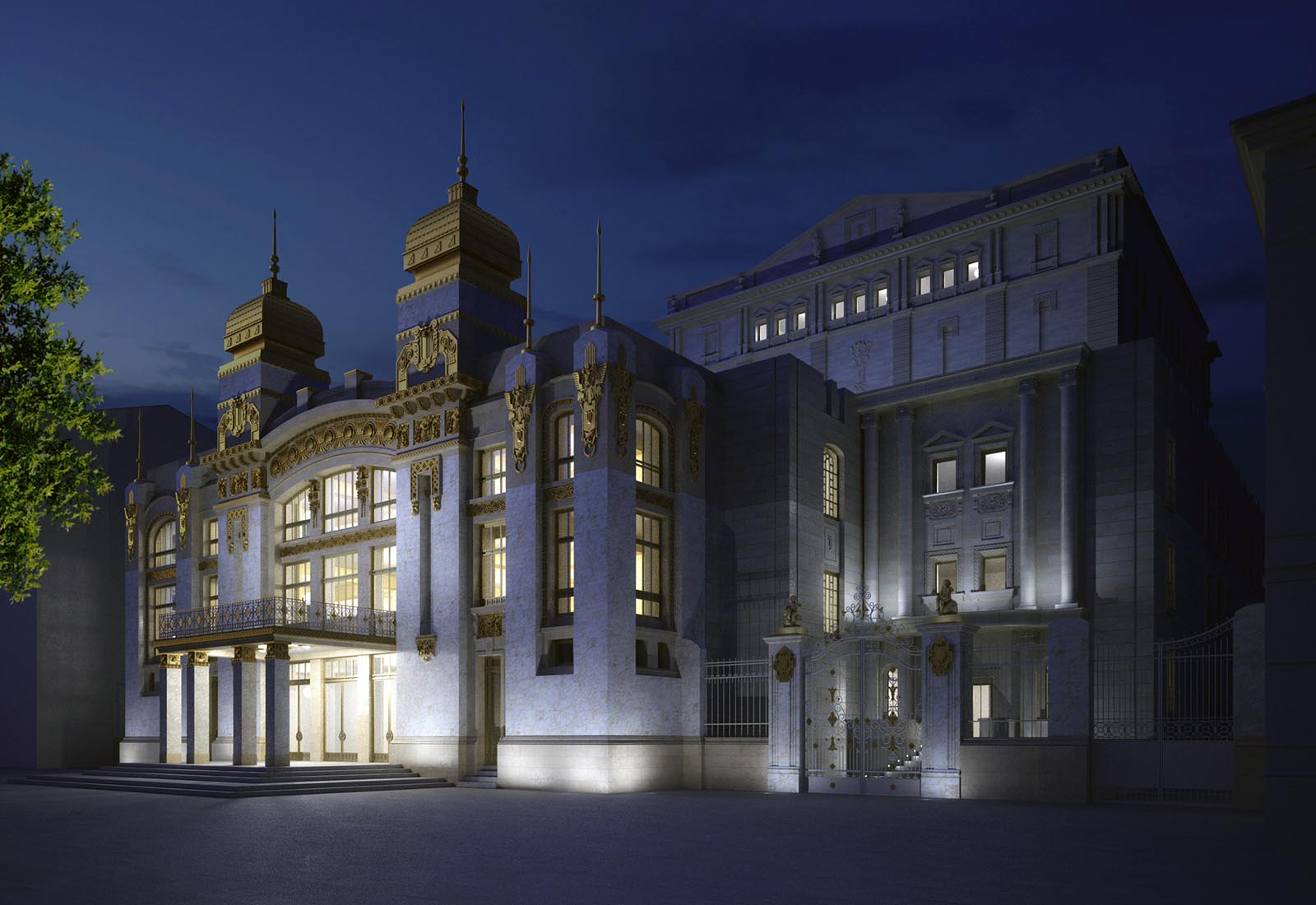 Baku Opera and Ballet Theatre - Night view from the southwest