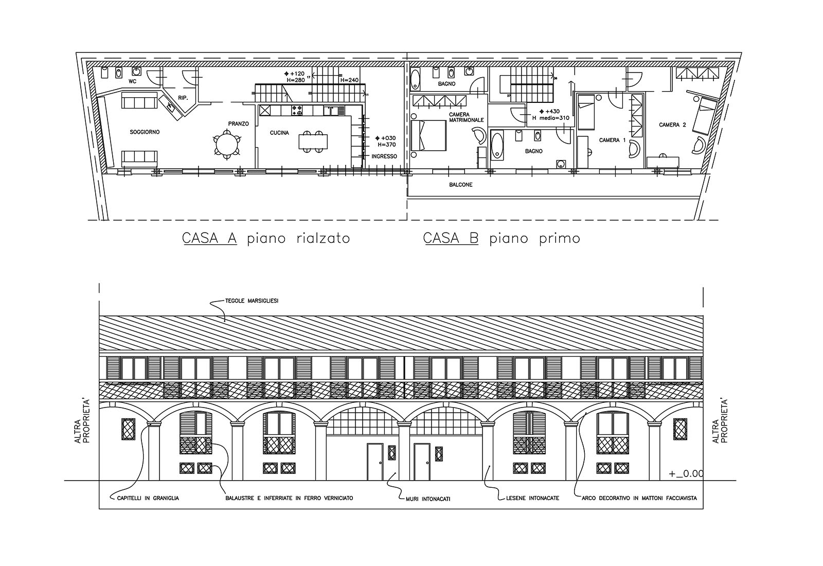 Edificio a corte a Rho in via Garibaldi - Piante tipologiche e prospetto