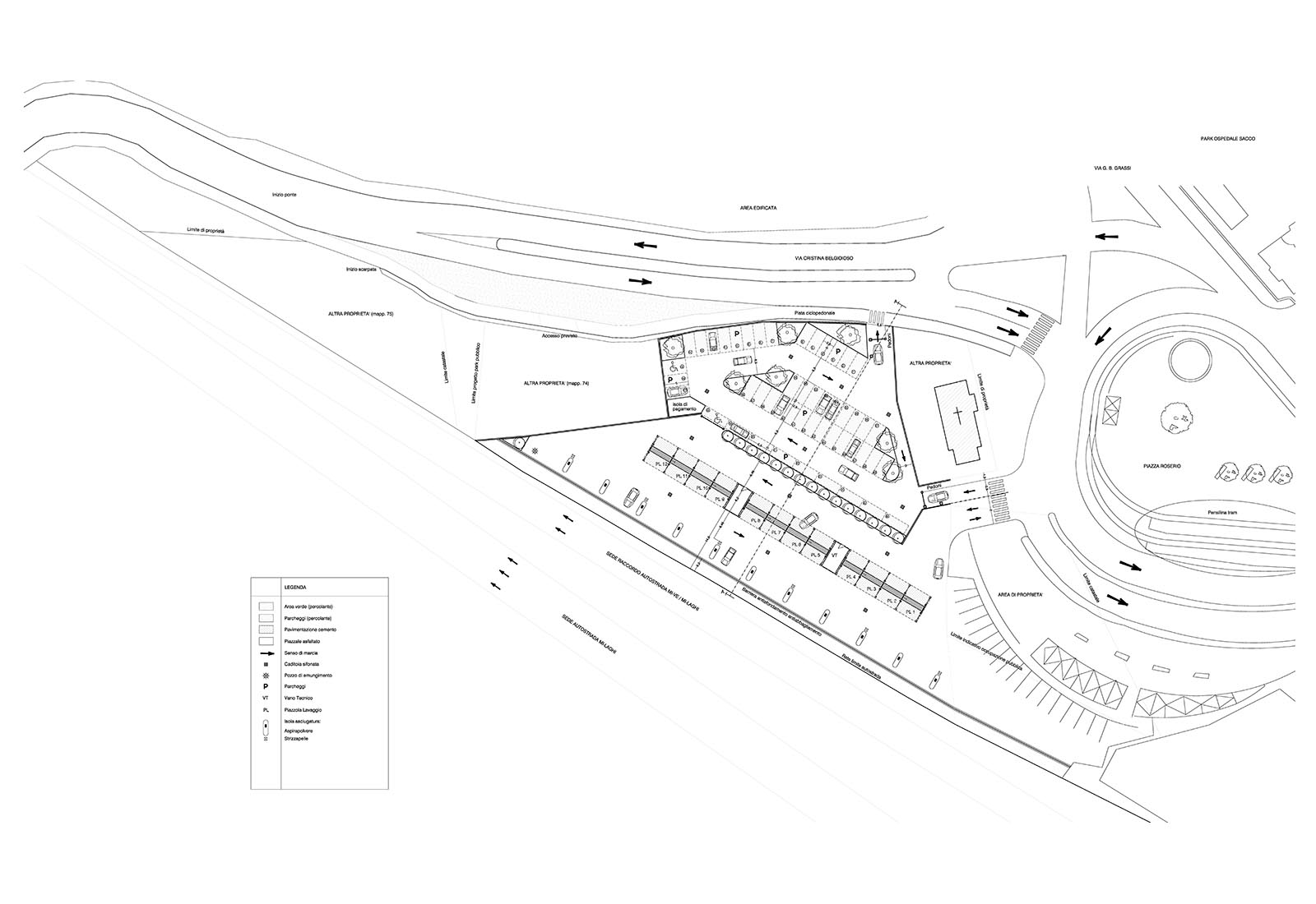 Car wash unit and parking in Cristina Belgioioso street in Milan - General plan