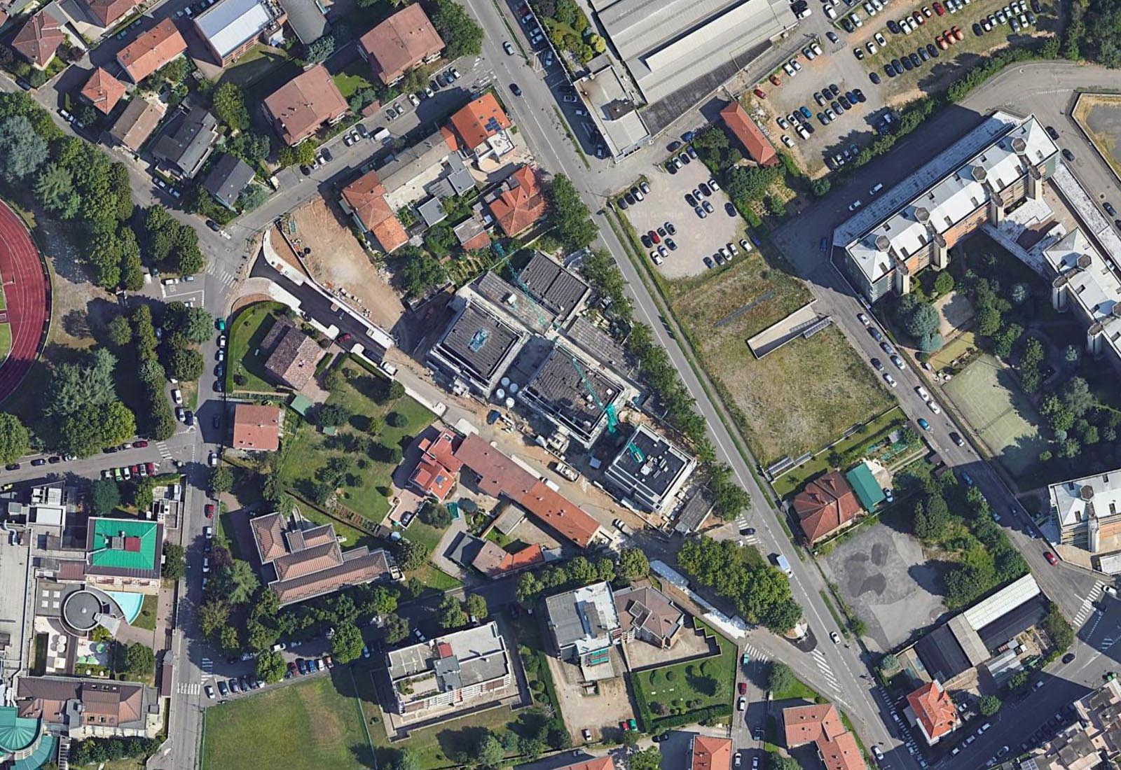 Residential buildings in Biringhello street in Rho - Zenithal aerial view