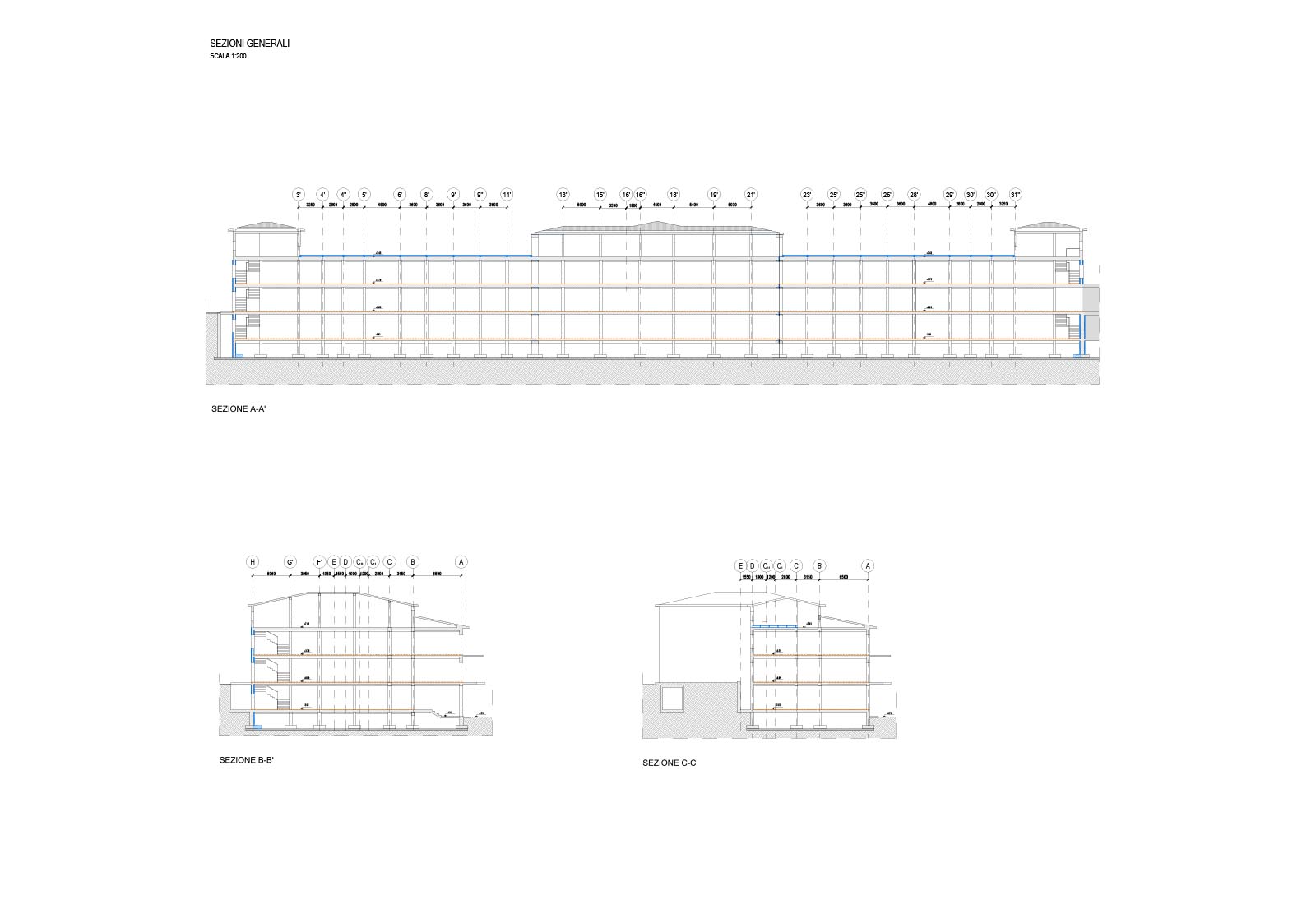 Hospital buildings in Policlinico San Matteo in Pavia - Pavilion 30 - Sections