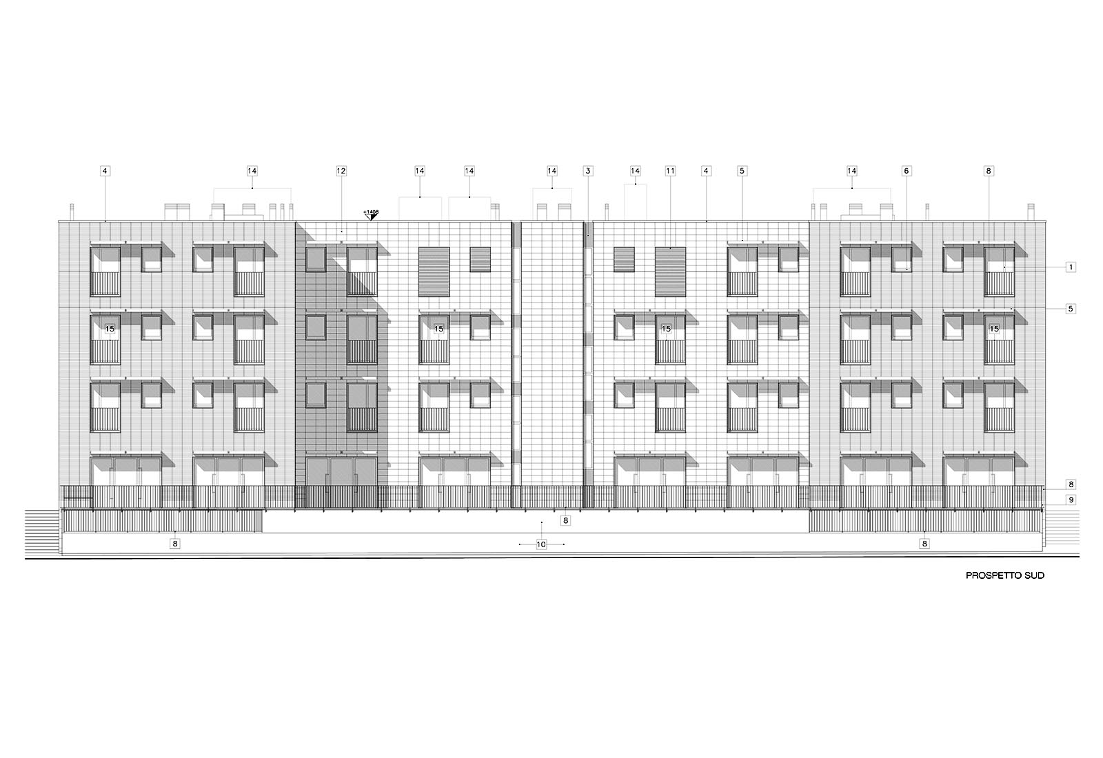 Temporary social house in the Famagosta area in Milan - South elevation