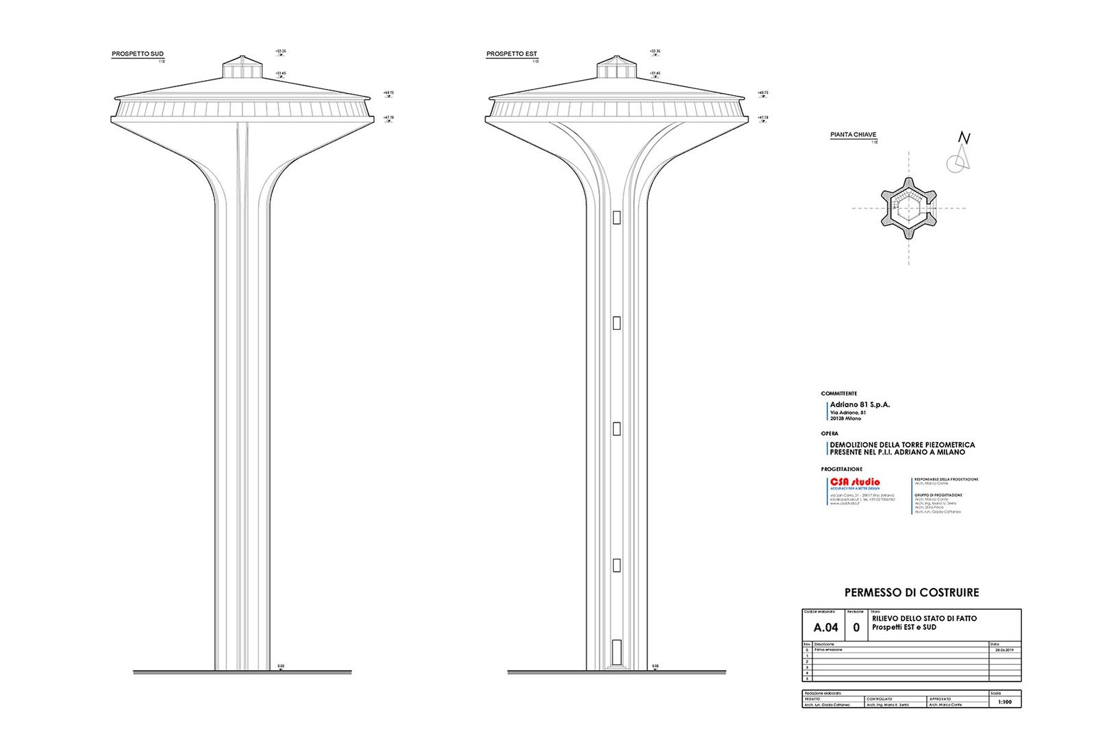 Piezometric tower Adriano street Milan - Elevations