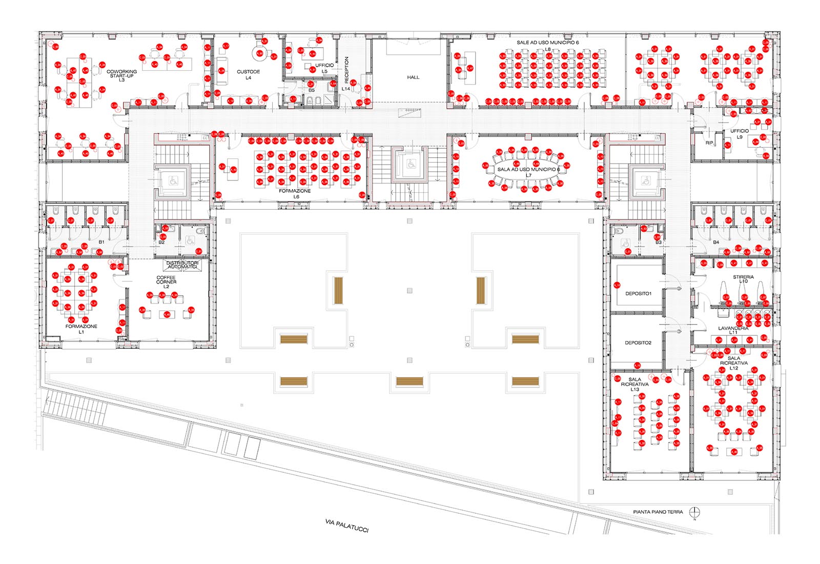 Temporary social house in the Famagosta area in Milan - Ground floor furniture plan