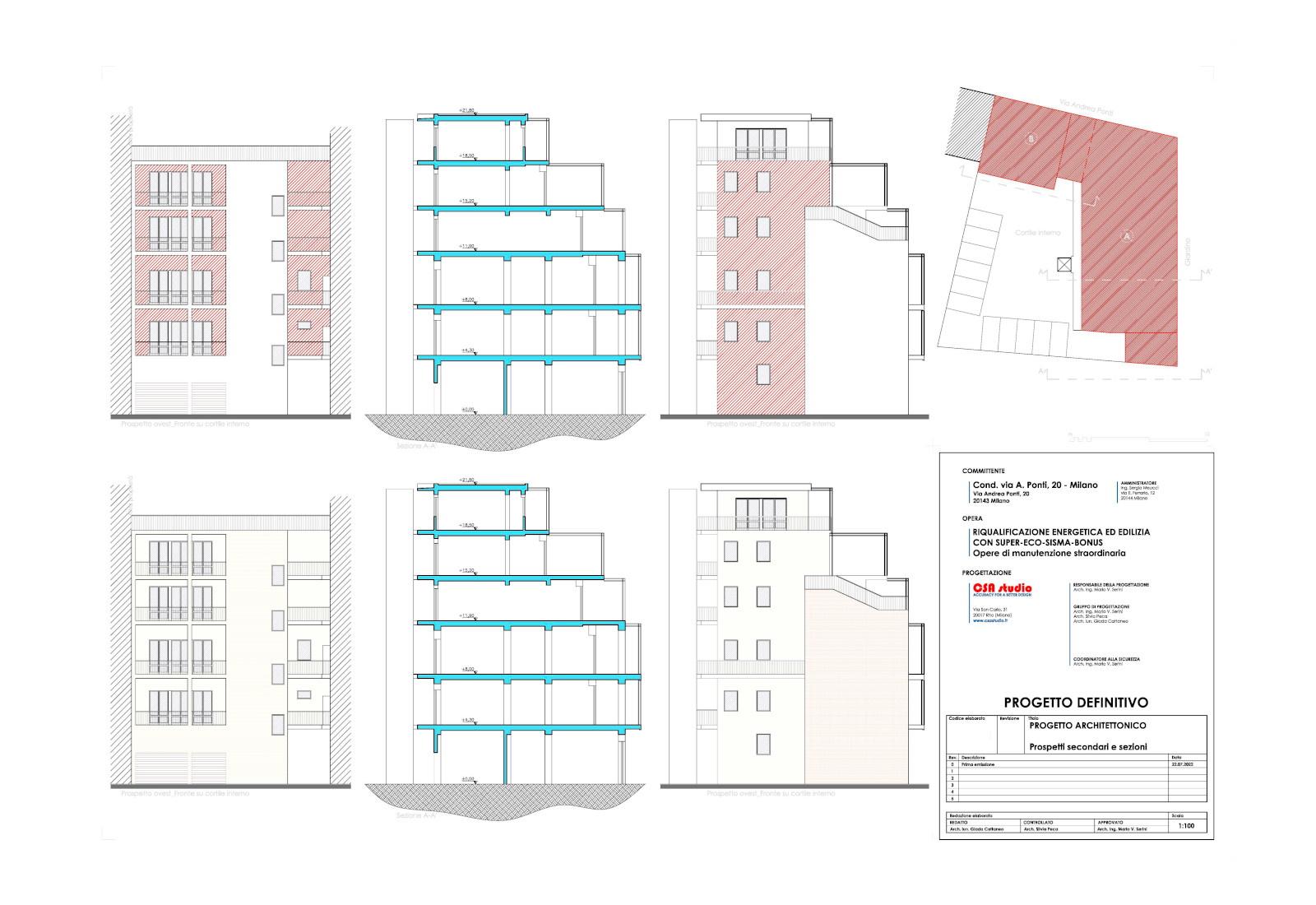 Residential ensemble, 20 A. Ponti street, Milan – Elevations